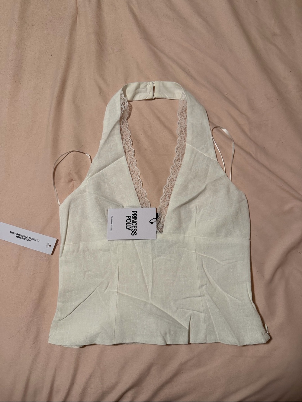 Princess Polly Ivory Halter Lace-Trim Crop Cami